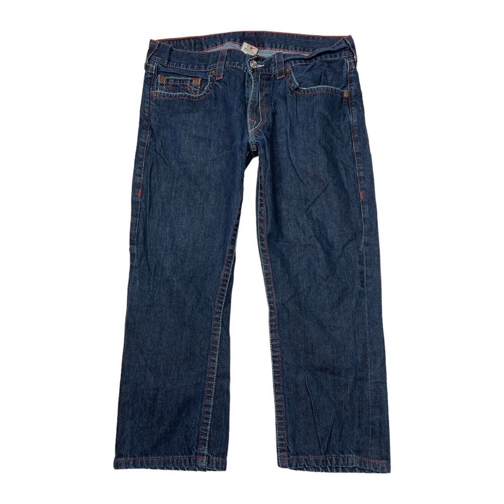 True Religion VTG Y2K Straight Leg Jeans Embroidered Logo Dark Wash Mens 36x26